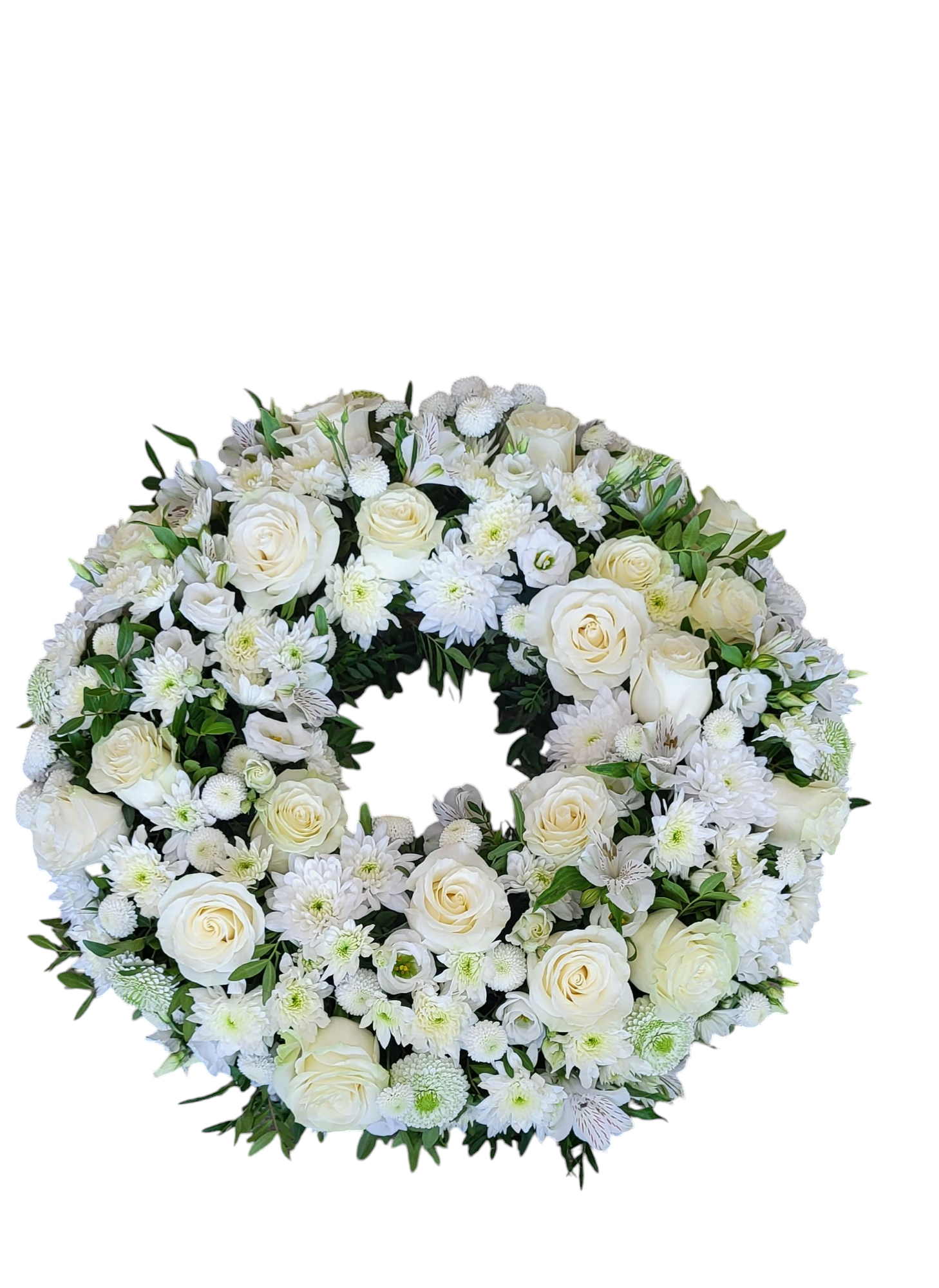 Coroana funerara rotunda cu flori albe - Diametru 80 cm. - imagine 2
