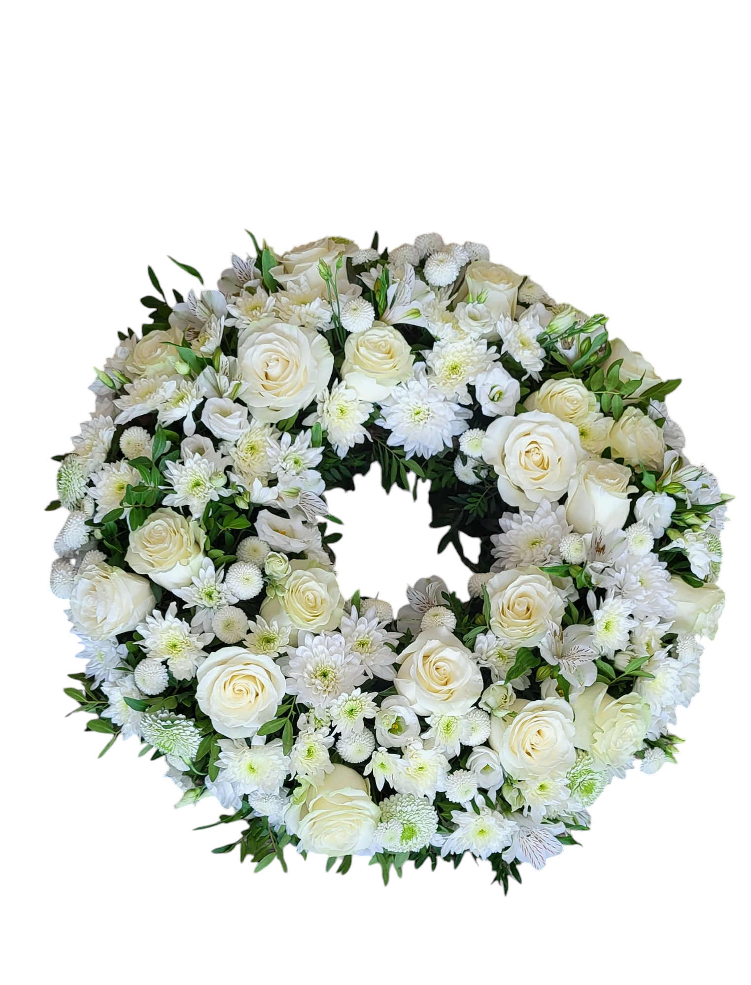 Coroana funerara rotunda cu flori albe - Diametru 80 cm.
